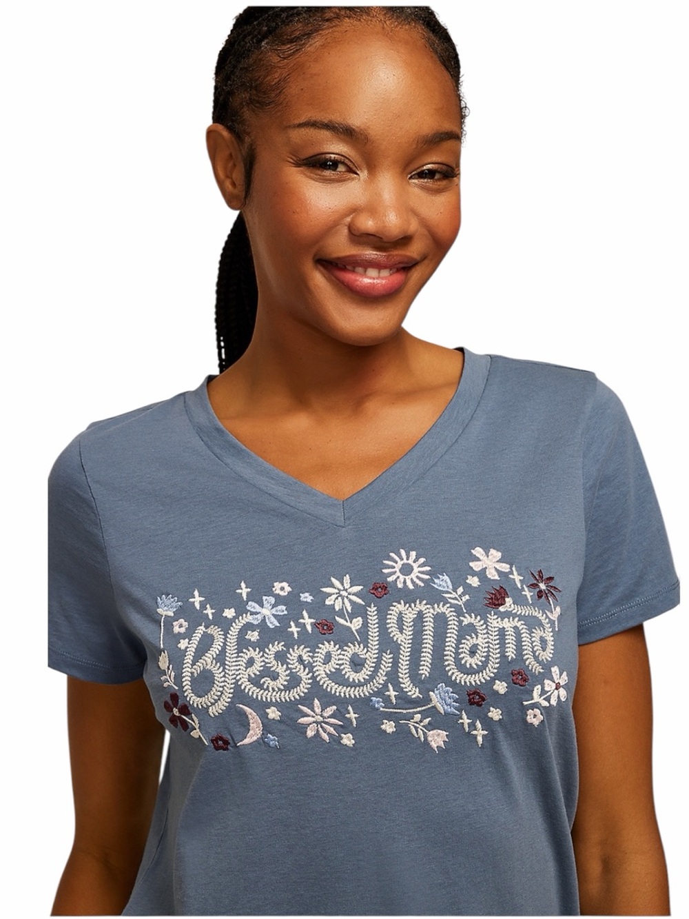 Maurices Blue Short Sleeve Tee with Floral Embroidered "Blessed MaMa”